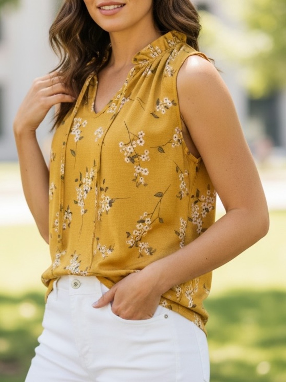 Melloday Large Yellow Floral Sleeveless Ruffle Neck Tie Front Blouse